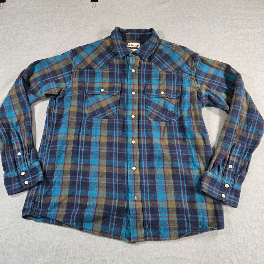 Ariat Halstead Retro Snap Shirt Mens XL Blue Green Plaid Western Flannel